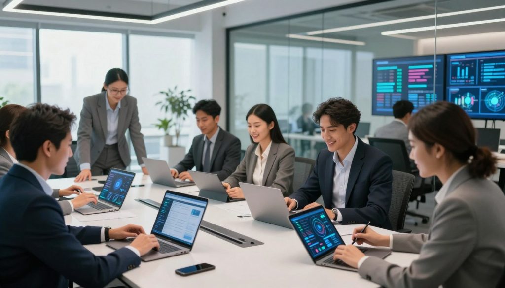 A modern workplace scene illustrating the impact of artificial intelligence. In the foreground, a diverse group of professionals in business attire collaborates around a sleek conference table, engaging with AI-powered devices like tablets and laptops displaying data analytics. The middle ground features a bright and airy office environment with large windows, allowing natural light to flood the space, complemented by artificial lighting to enhance the tech feel. In the background, glass walls reveal digital screens showcasing AI trends and reports. The atmosphere is dynamic and optimistic, embodying progress and innovation in careers. The angle is slightly elevated to capture the interaction among the individuals and the technological elements harmoniously. A modern workplace scene illustrating the impact of artificial intelligence. In the foreground, a diverse group of professionals in business attire collaborates around a sleek conference table, engaging with AI-powered devices like tablets and laptops displaying data analytics. The middle ground features a bright and airy office environment with large windows, allowing natural light to flood the space, complemented by artificial lighting to enhance the tech feel. In the background, glass walls reveal digital screens showcasing AI trends and reports. The atmosphere is dynamic and optimistic, embodying progress and innovation in careers. The angle is slightly elevated to capture the interaction among the individuals and the technological elements harmoniously.